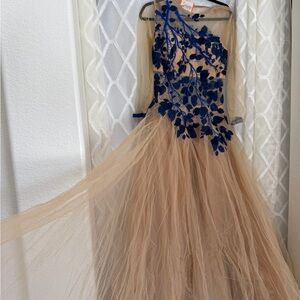 Embellished Asymmetrical Blue and Tan Prom Maxi Dress